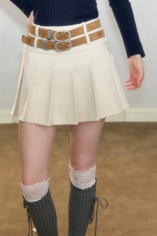 High-Waisted Apricot Pleated Woolen Skirt