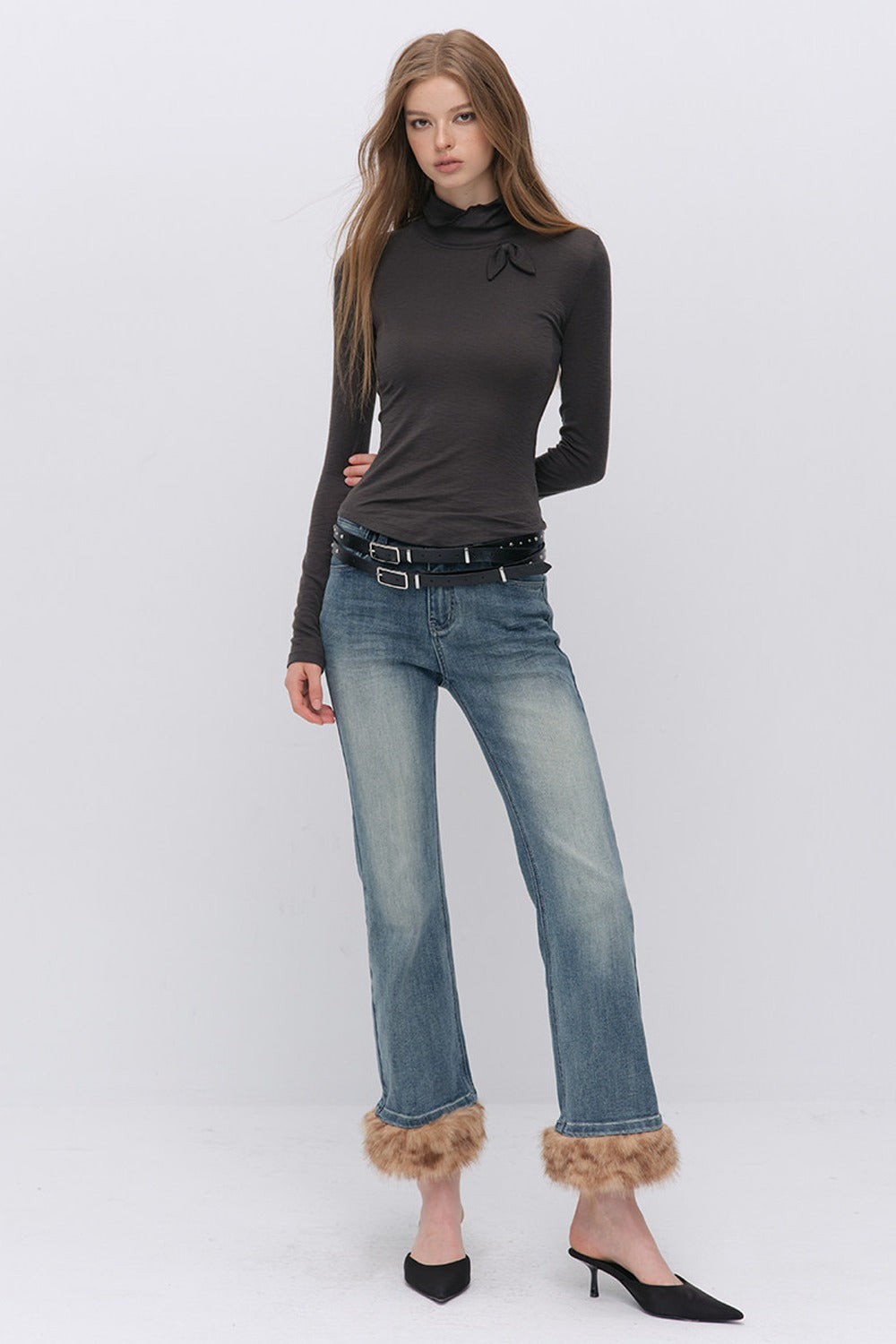 Detachable Frayed Hem Washed Flared Jeans
