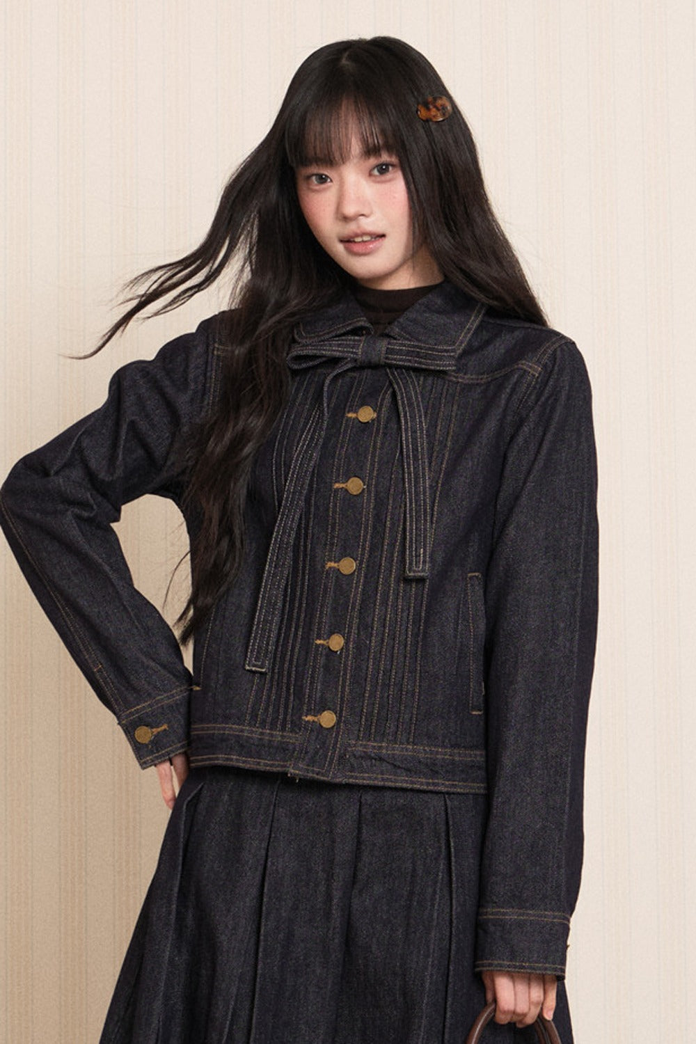 Washed Denim Lapel Tie Jacket
