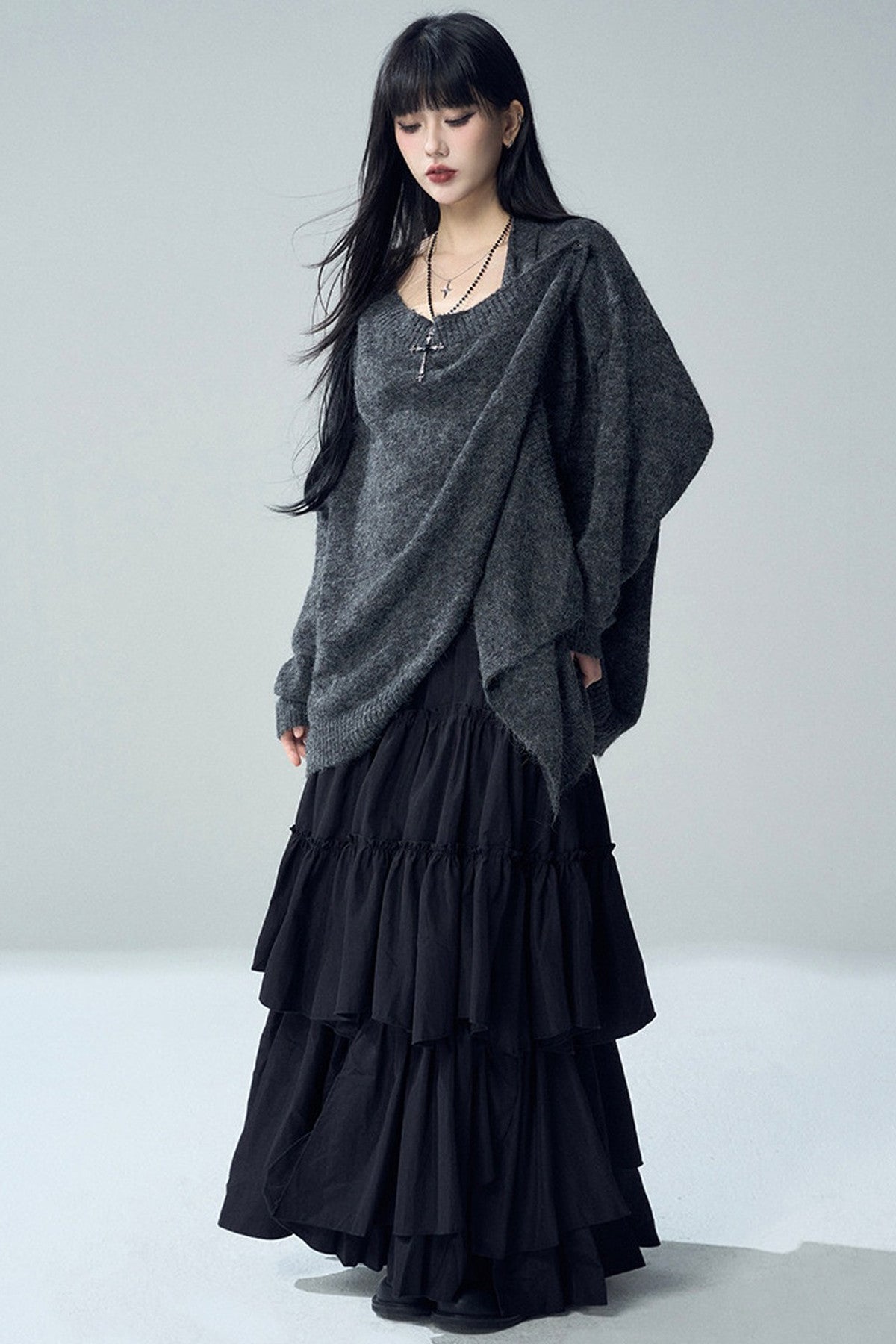 Black Irregular Ruffle Skirt