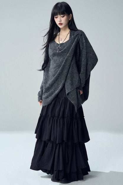 Black Irregular Ruffle Skirt