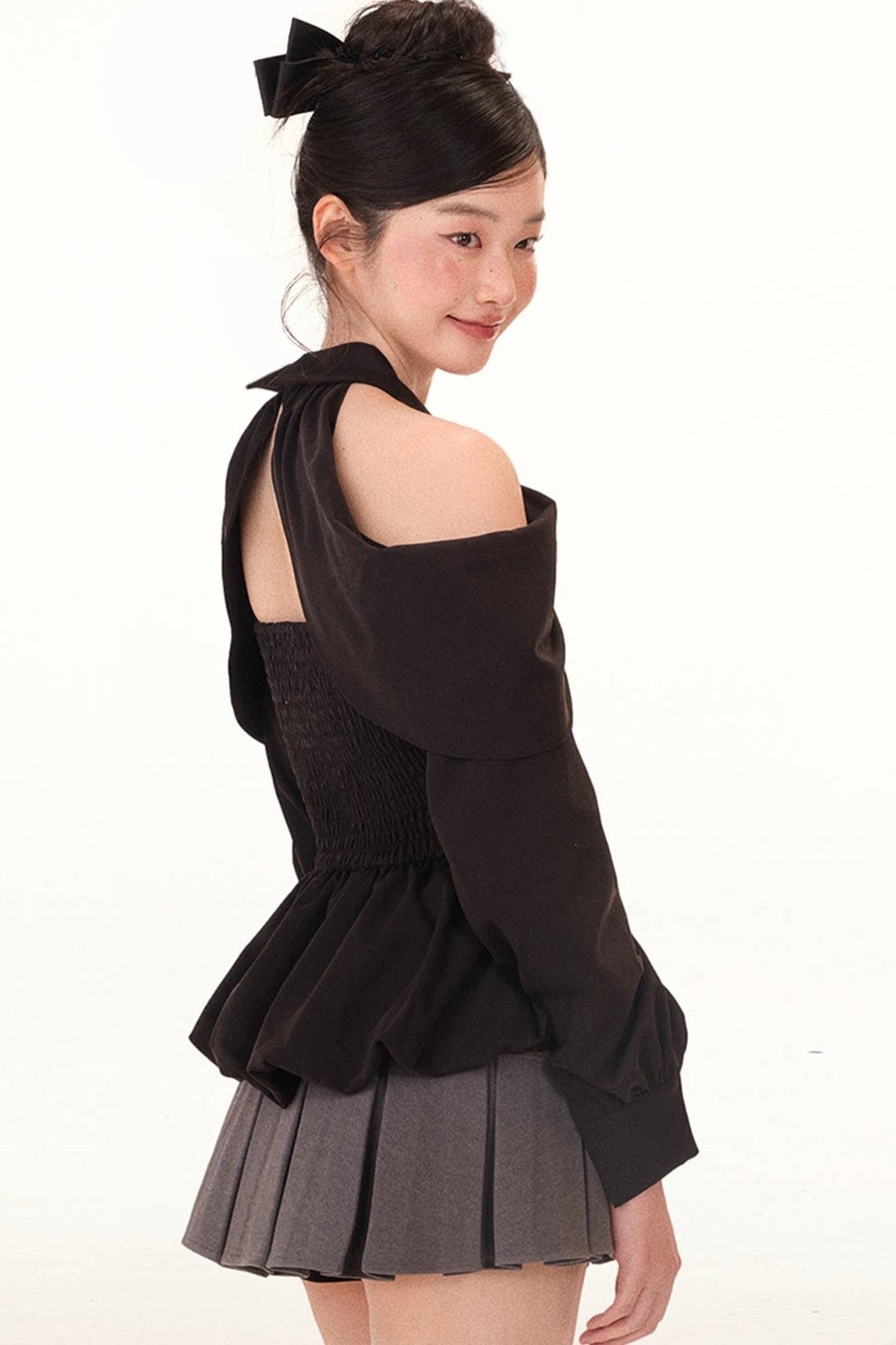 Black Shirt and Gray Pleated Skirt Set-Up