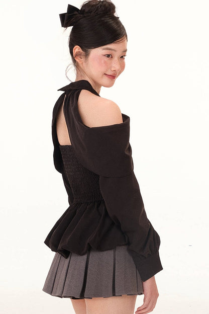 Black Shirt and Gray Pleated Skirt Set-Up
