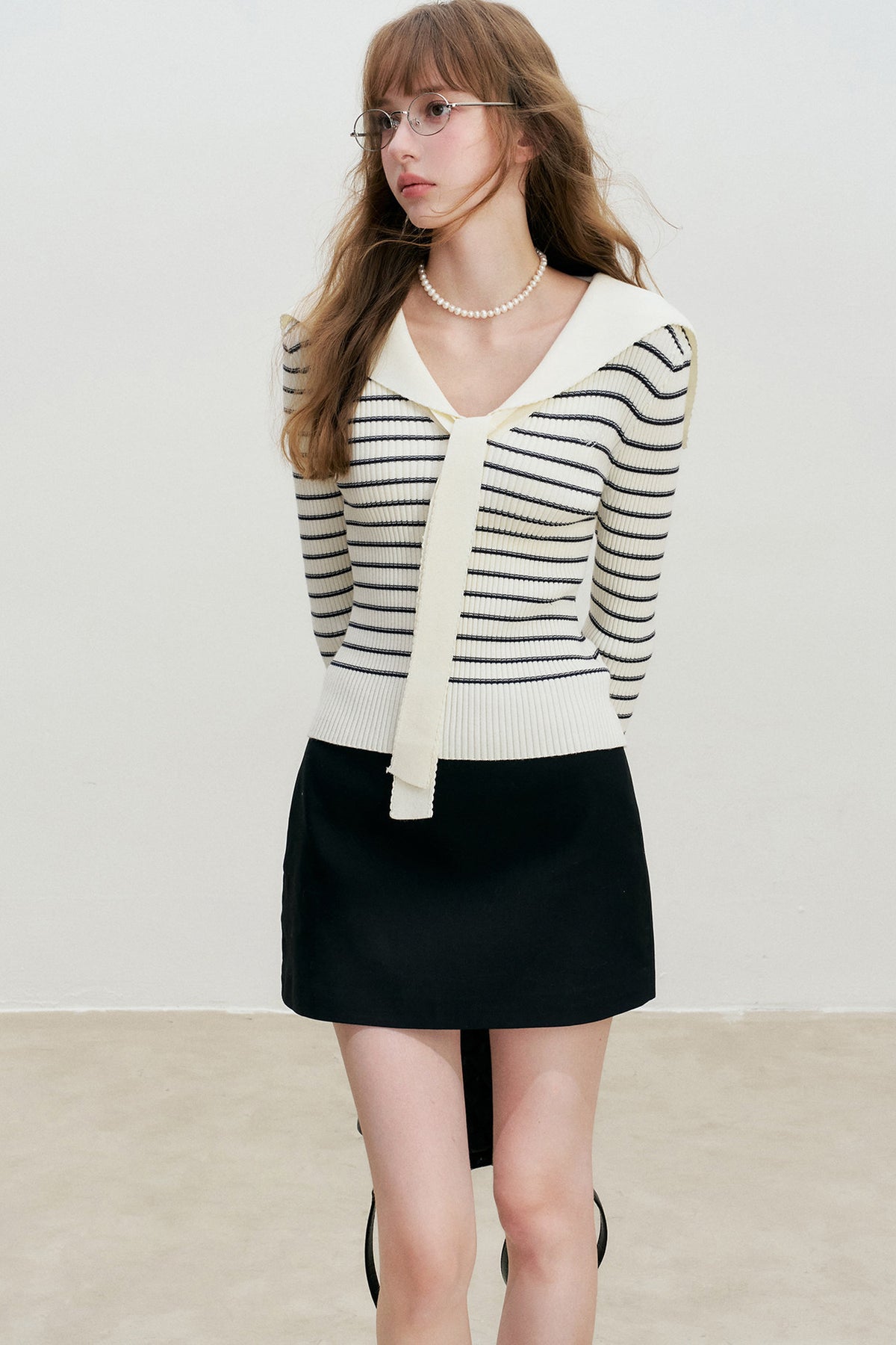 Navy Striped Sailor Collar Knit Top