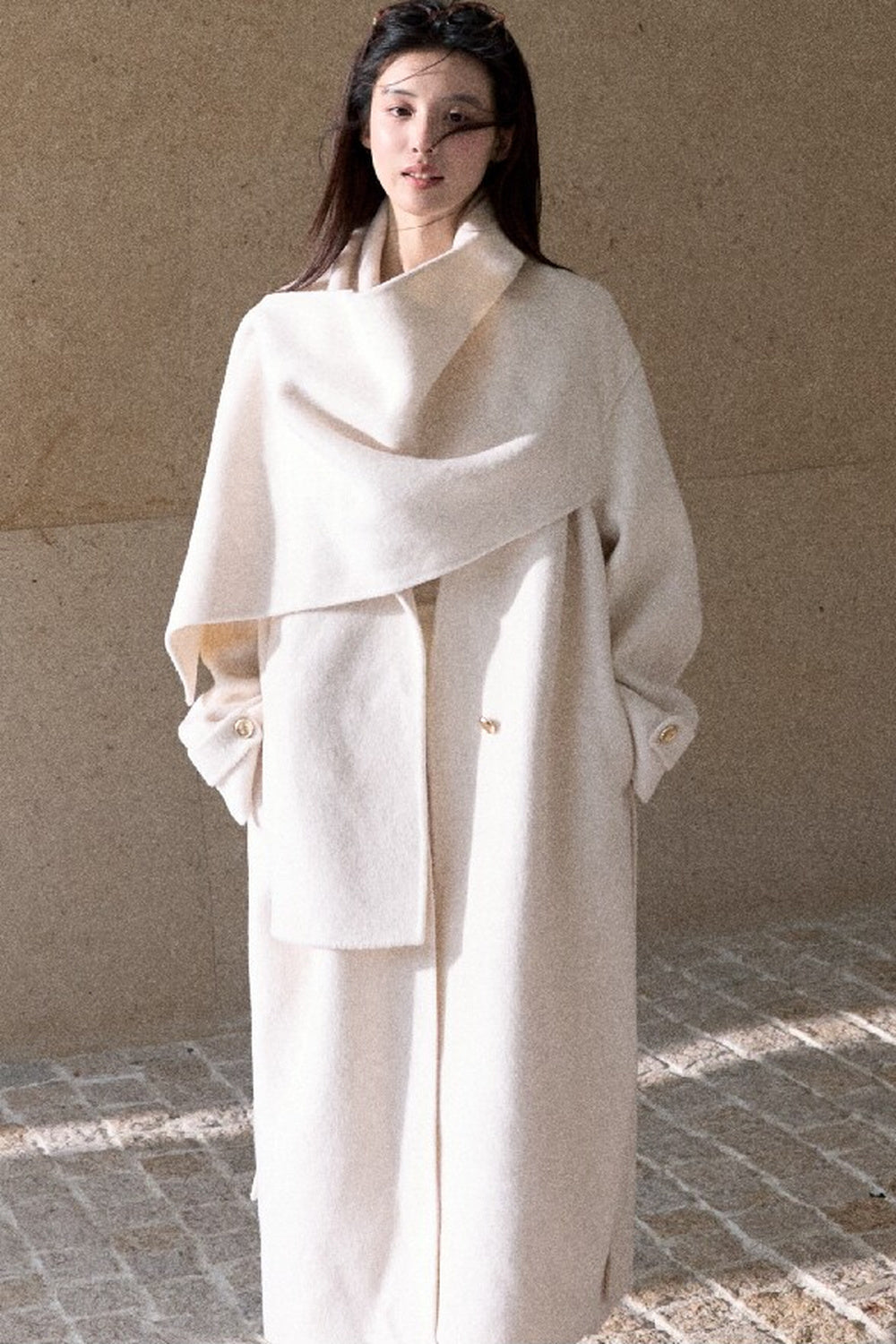 Double-Sided Wool Scarf Collar Coat