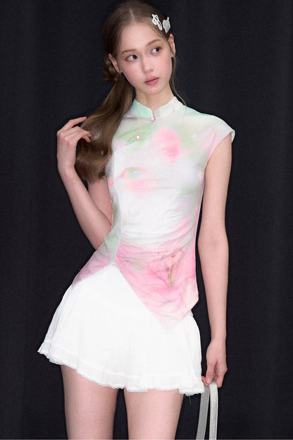 Camiseta de malla degradada con flores de ensueño