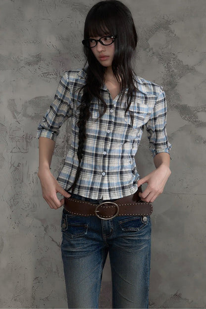 Retro Plaid Short Sleeve Shirt and Pants Set-Up