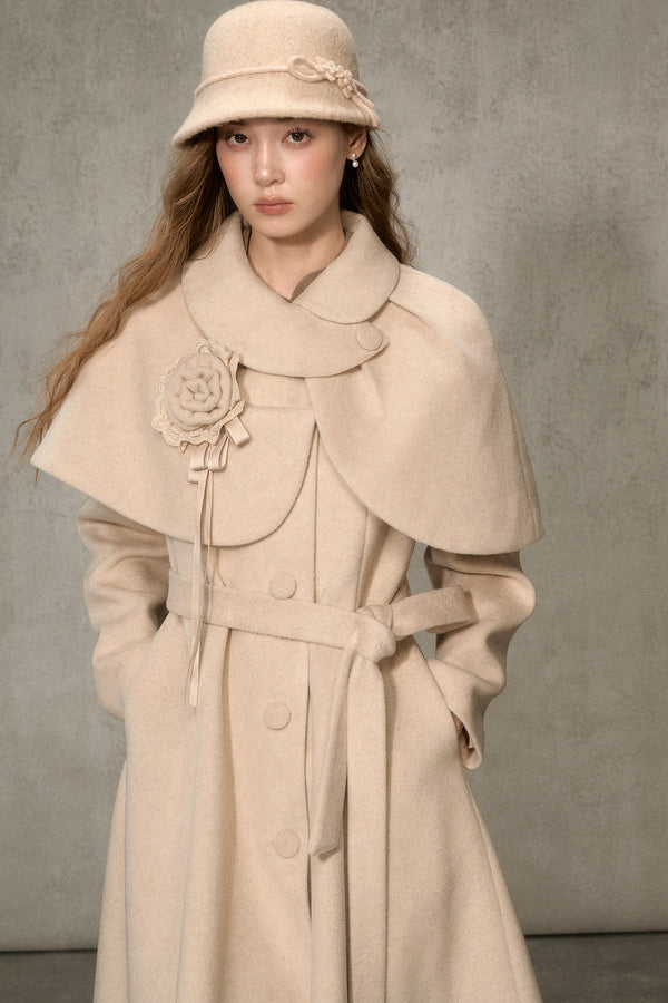 Floral Embroidered Long Woolen Cape Coat Set-Up