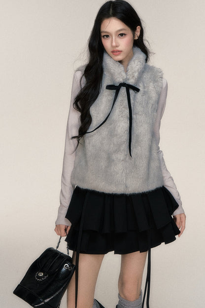 Bow Tie Faux Fur Vest