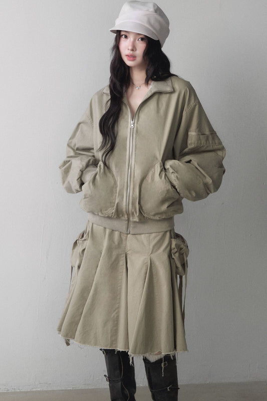 Loose Workwear Jacket and Pleated Skirt Set-Up