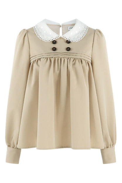 Khaki Doll Collar Pullover Shirt and Skirt Set-Up