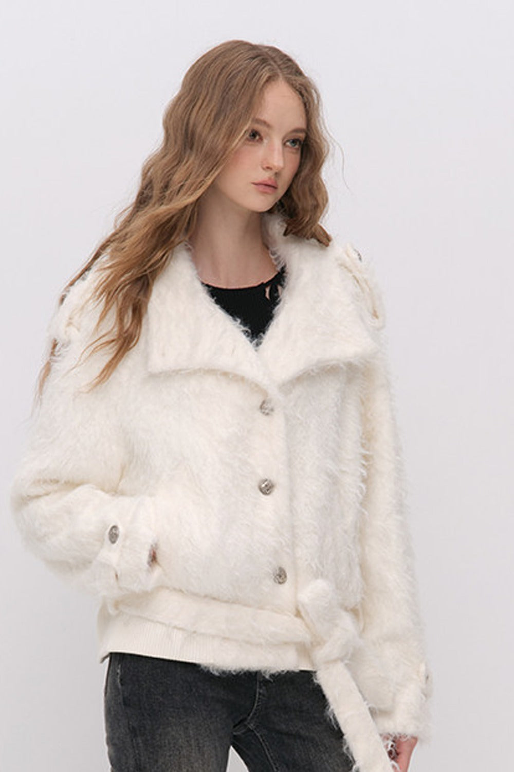 Faux Fur Diagonal Placket Tie Waist Jacket