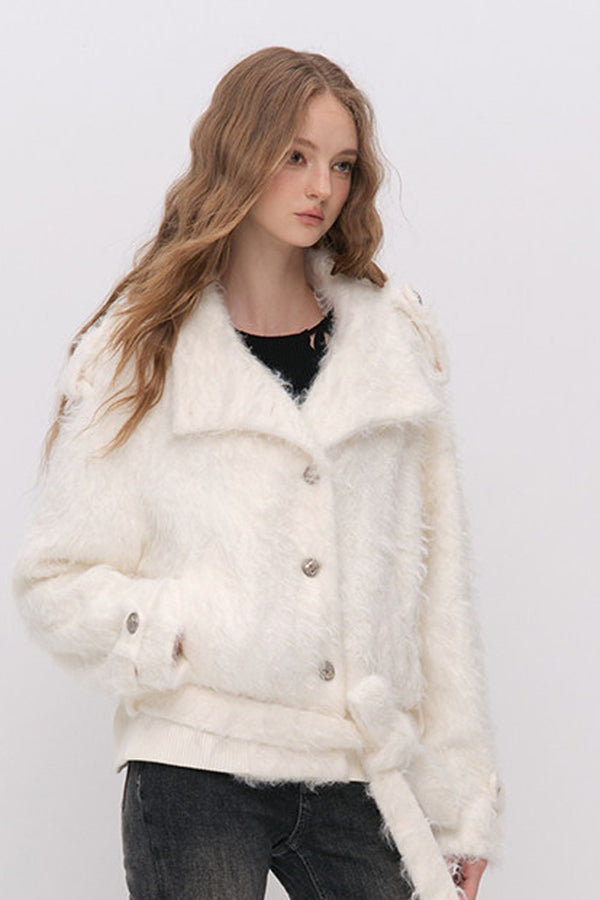 Faux Fur Diagonal Placket Tie Waist Jacket