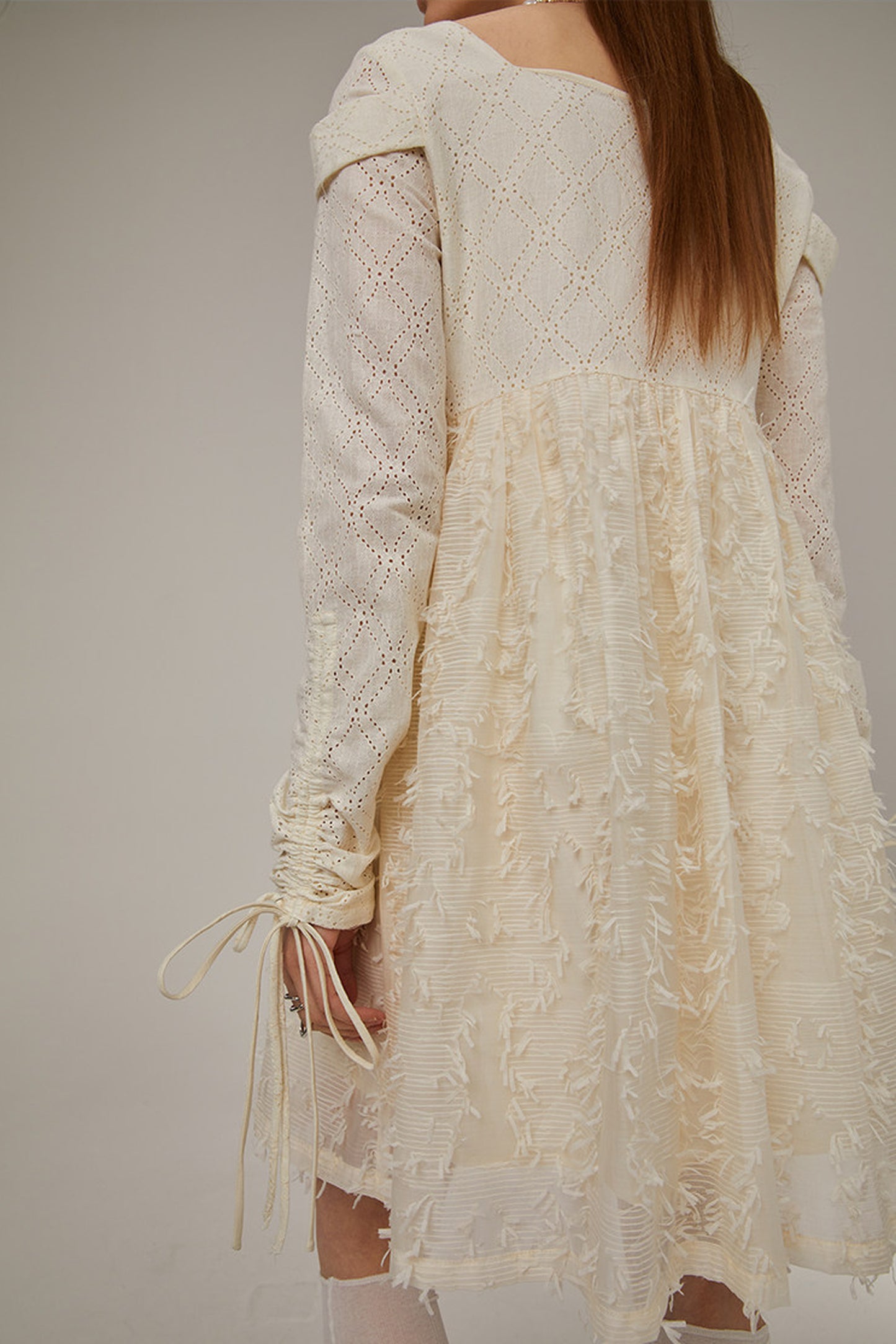 Beige Plaid Lace Bow Dress