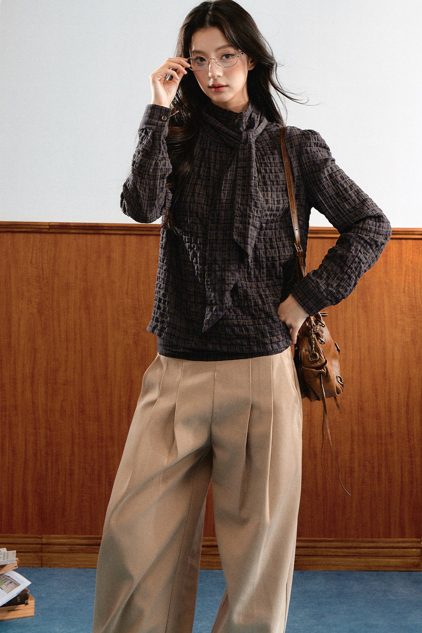 Plaid Cable-Knit Knit Shirt Top