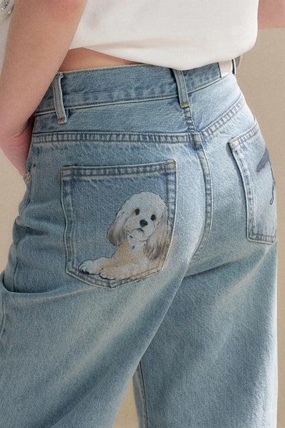 Hand-Painted Puppy Denim Pants