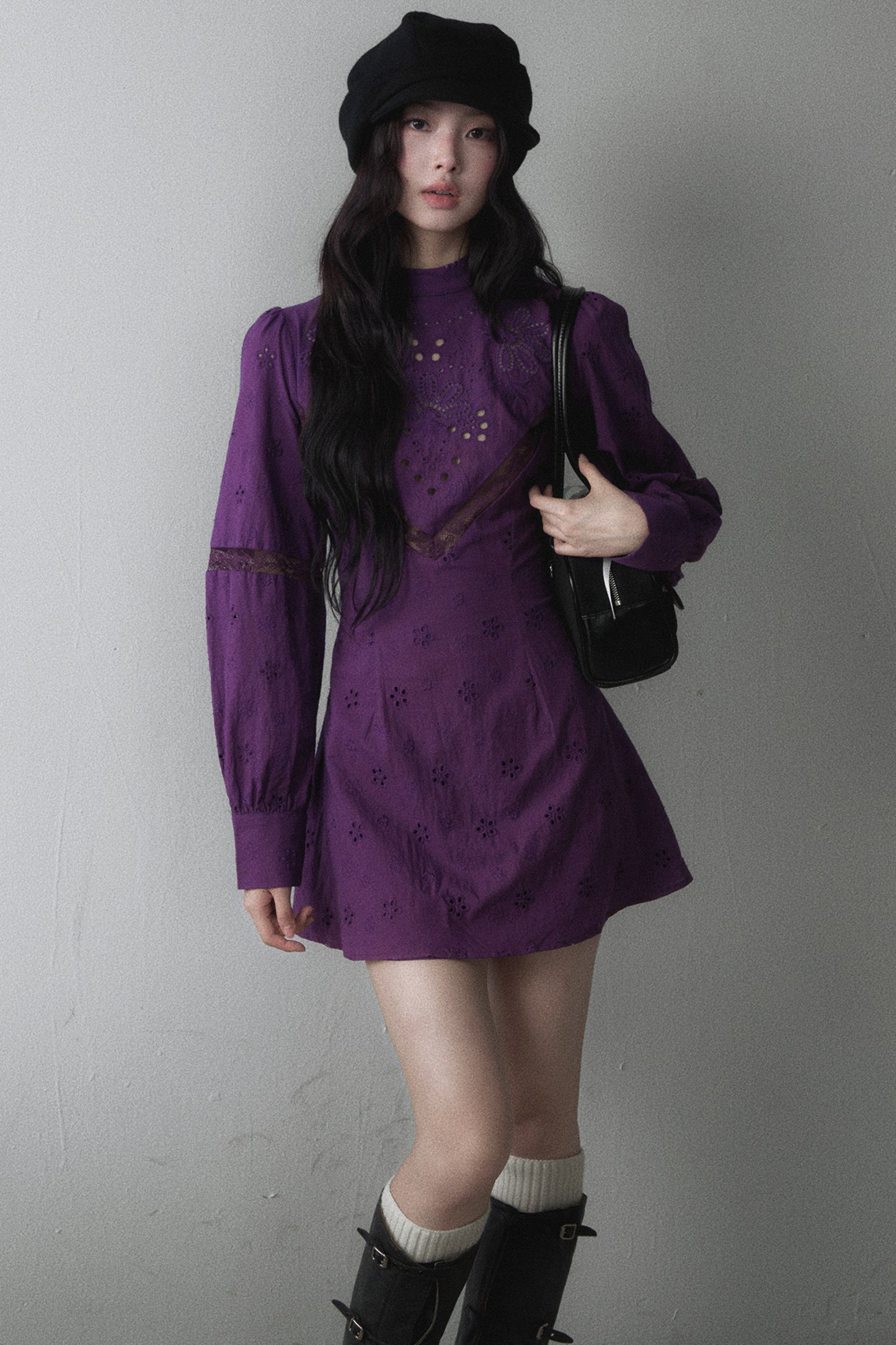 Hollow Embroidery Patchwork Long-Sleeve A-Line Dress
