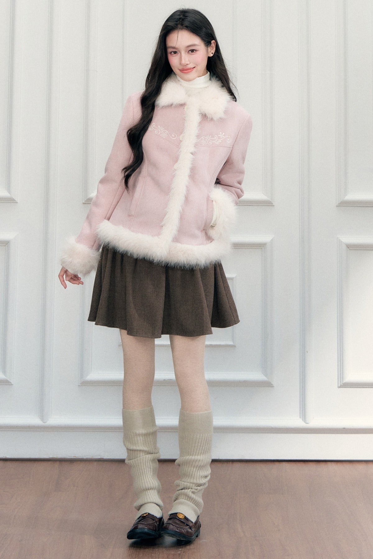 Embroidered Suede Faux Fur Jacket