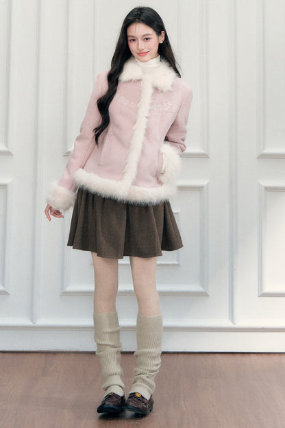 Embroidered Suede Faux Fur Jacket