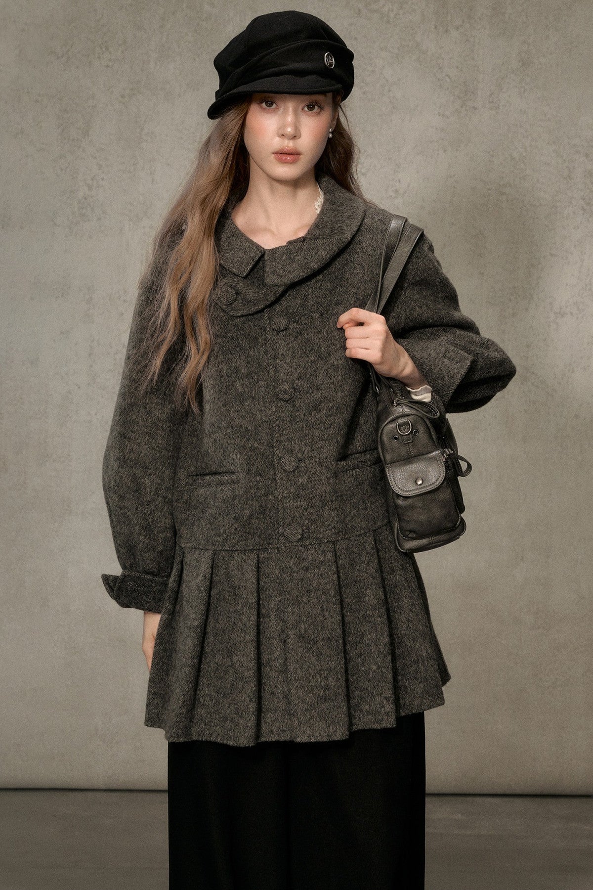70% Wool Blend Double-Sided Pleated Coat