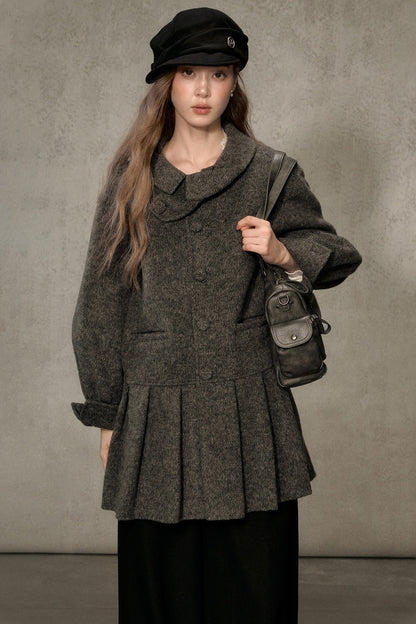 70% Wool Blend Double-Sided Pleated Coat