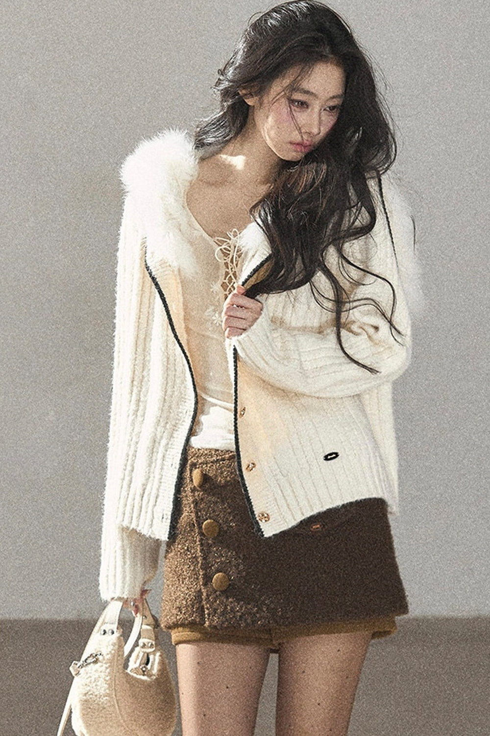 Navy Collar Wool Ribbed Striped Cardigan