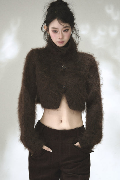 Long-Haired Turtleneck Knit Cardigan
