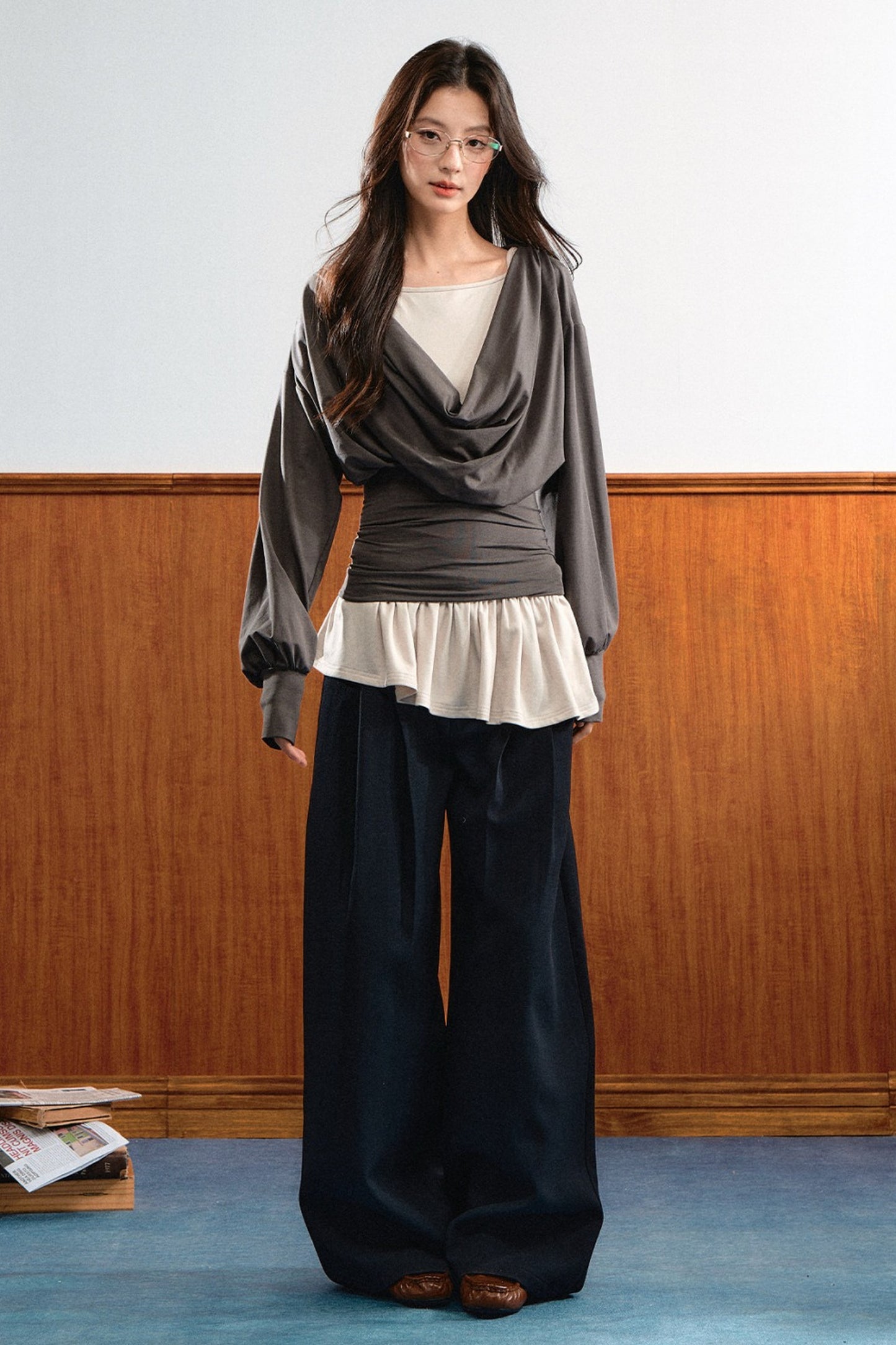 Draped Ruched Blouse and Inner Top Set-Up