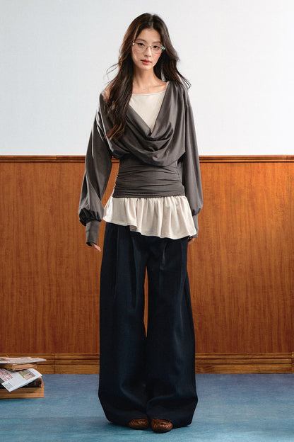 Draped Ruched Blouse and Inner Top Set-Up