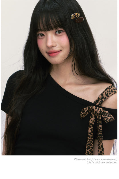 Leopard Bow Asymmetrical Shoulder Short Sleeve T-Shirt