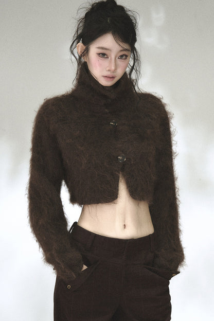 Long-Haired Turtleneck Knit Cardigan