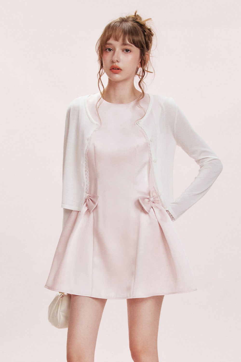 Double Bow Satin Vest Dress and Cardigan Set-Up
