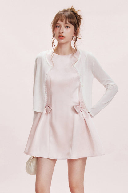 Double Bow Satin Vest Dress and Cardigan Set-Up