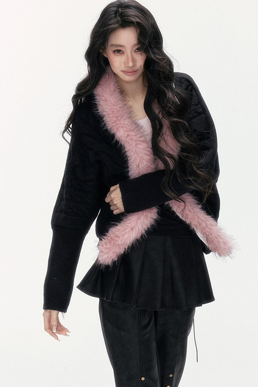 Detachable Fur Collar Batwing Knit Cardigan