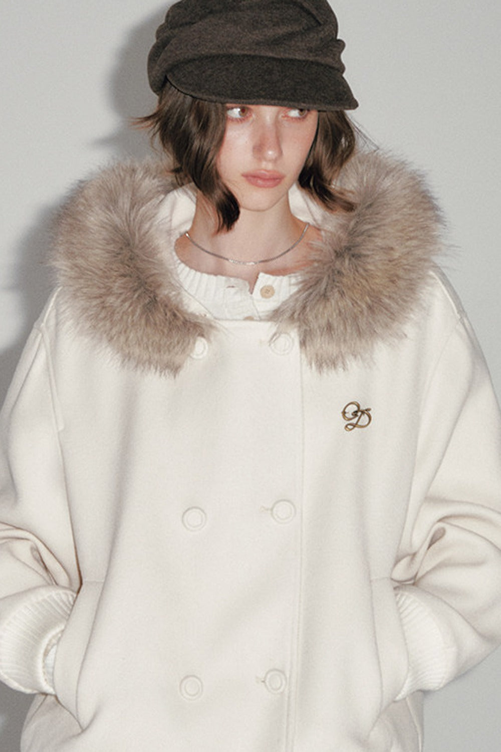 White Wool Hooded Large Fur Collar Jacket