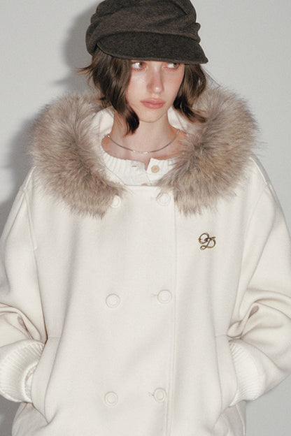 White Wool Hooded Large Fur Collar Jacket