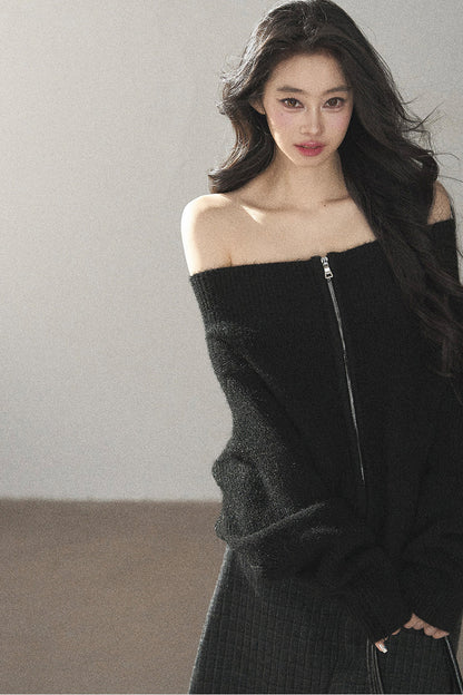 Relaxed Wool Blend Off-Shoulder Double-Zip Jacket