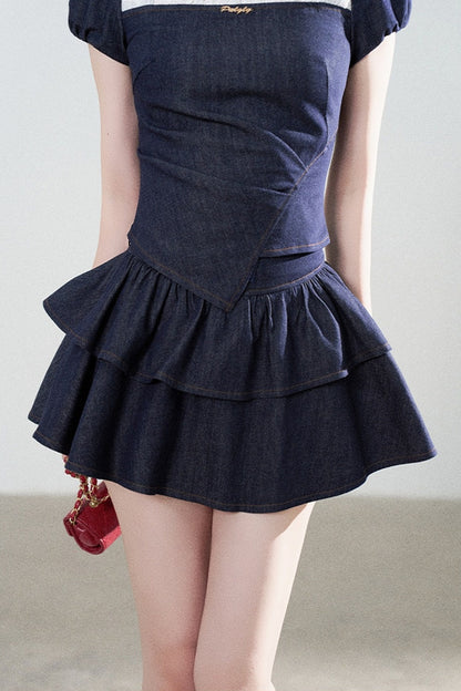Denim Puff Sleeve Top And Skirt Set