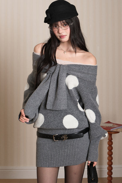 One-Shoulder Lace Knot Sweater Dress
