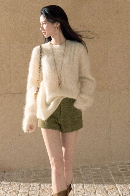 Gold Thread Wool Blend High-Waisted Shorts
