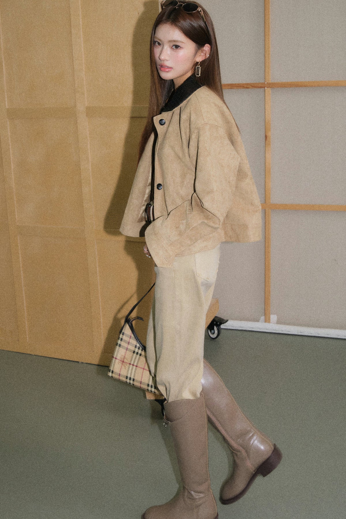 Faux Suede Woven Collar Jacket and Pants Set-Up