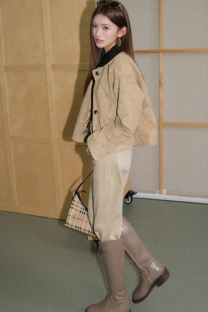 Faux Suede Woven Collar Jacket and Pants Set-Up