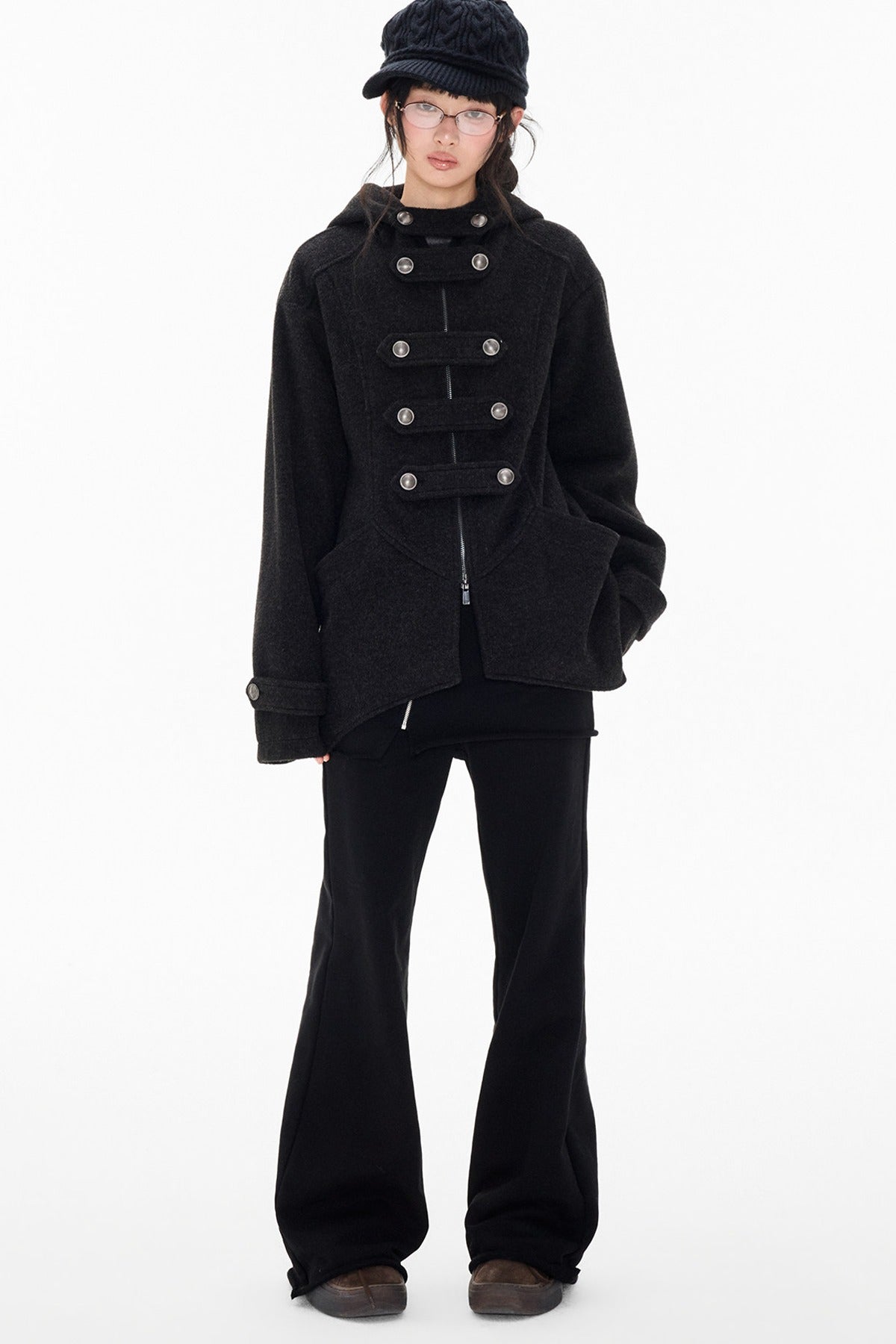 Woolen Hooded Irregular Hem Jacket