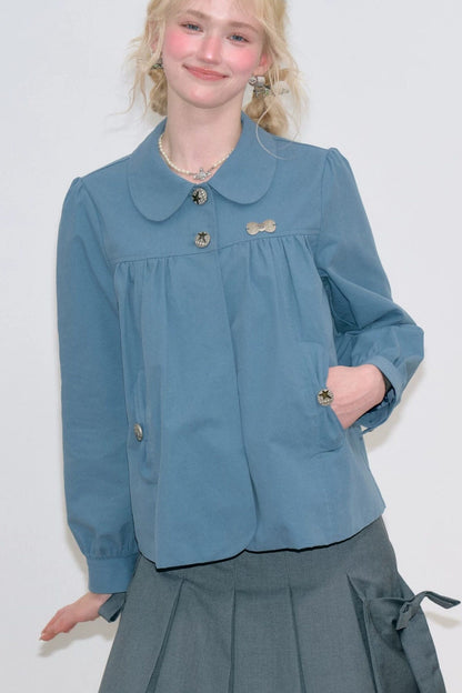 Camicia blu rétro con colletto alla Peter Pan