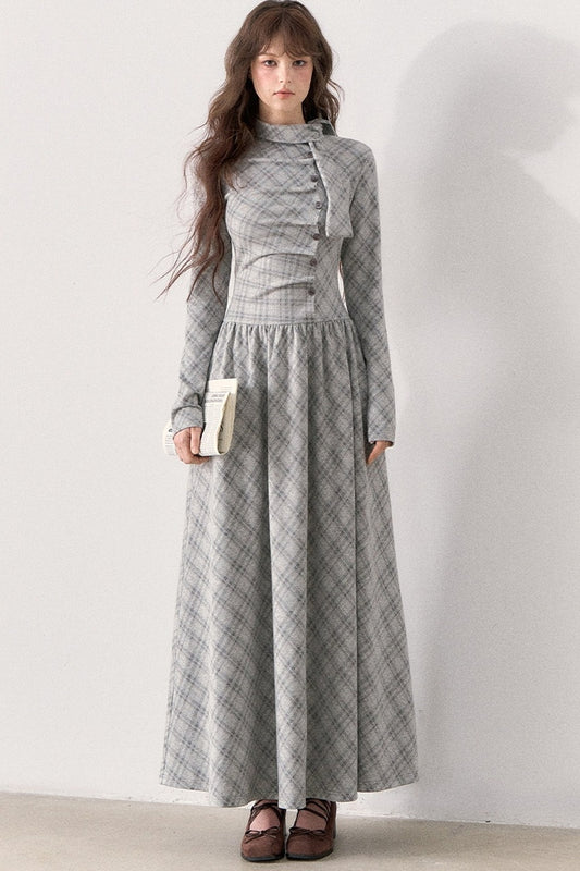 Gray Plaid Stand Collar Long Dress