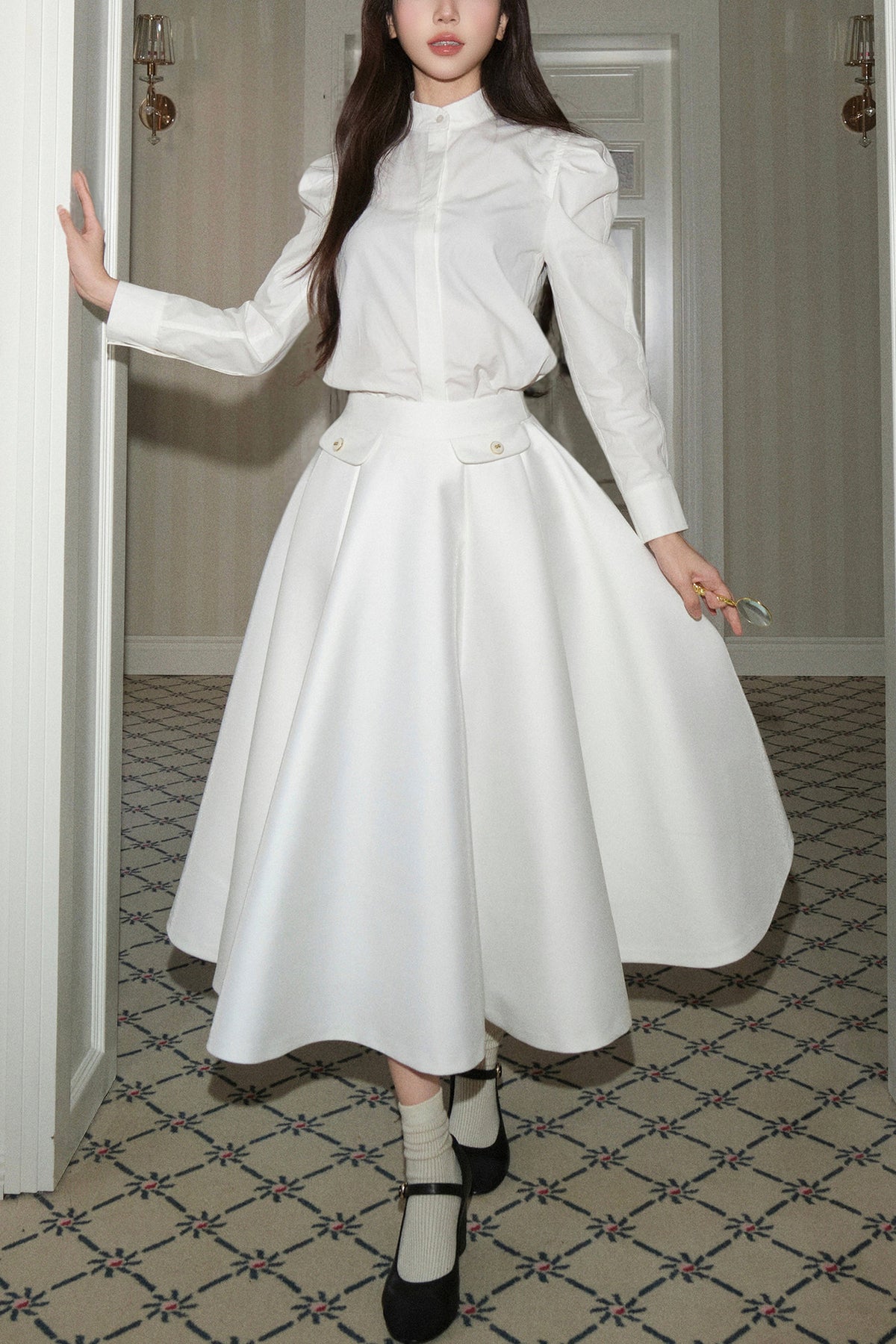 High-Waisted Pleated Mid-Length Skirt