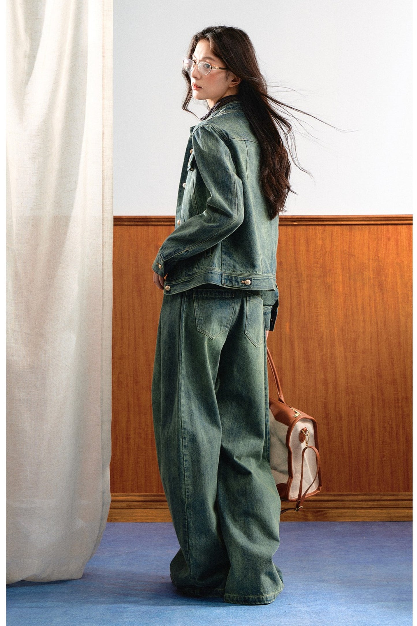 Retro Washed Denim Top and Wide-Leg Pants Set-Up
