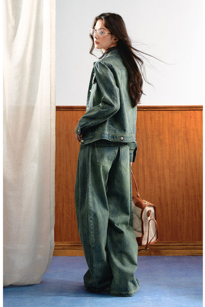 Retro Washed Denim Top and Wide-Leg Pants Set-Up