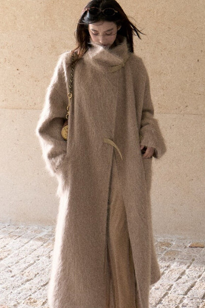 Brushed Cashmere Silk Funnel Collar Coat