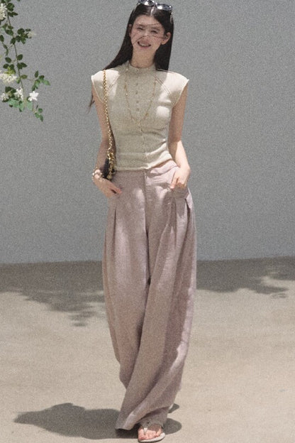 Gold Silk Linen Wide-Leg Pants